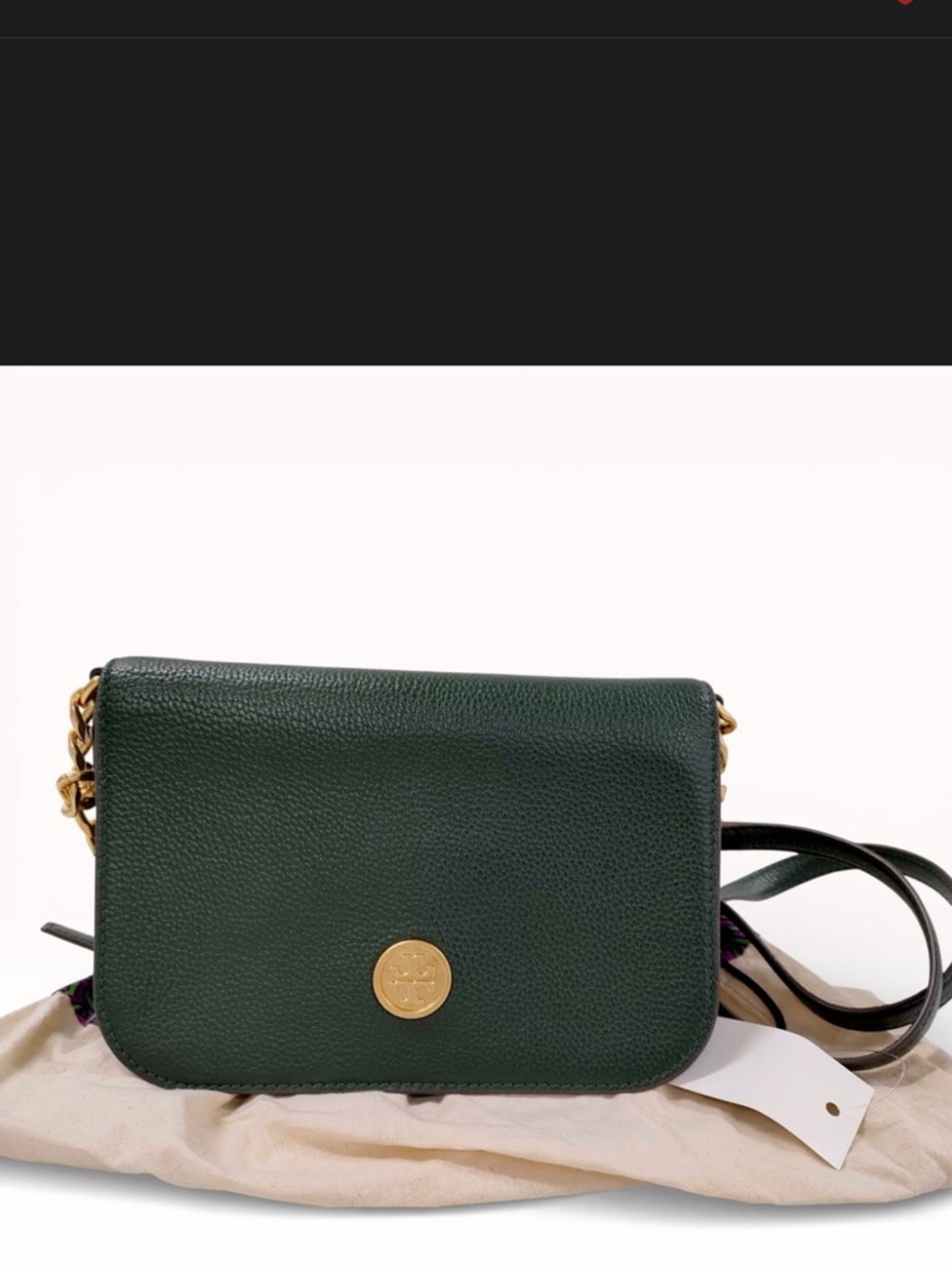 Tory Burch Dark Green Pebbled Leather Crossbody Bag with Gold Chain Strap